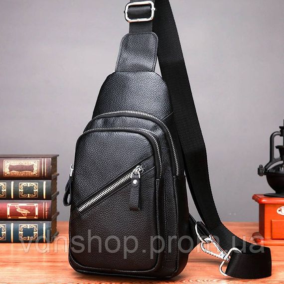 Чоловічий слінг через плече 18х32х7, шкіряна бананка нагрудна, сумка рюкзак Tiding Bag 33737 чорна