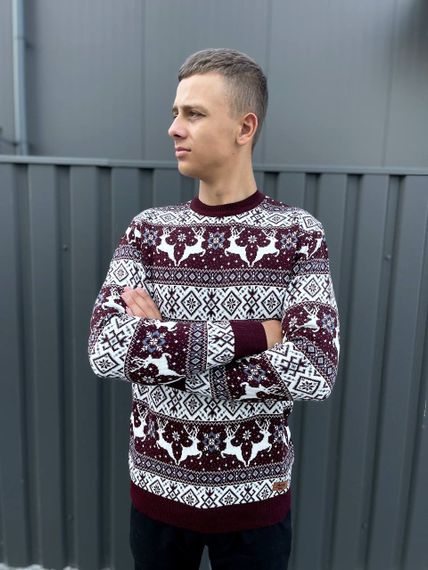 Мужской новогодний свитер с оленями низкий воротник PA2658 цвет бордовый, размер М | Зображення 1