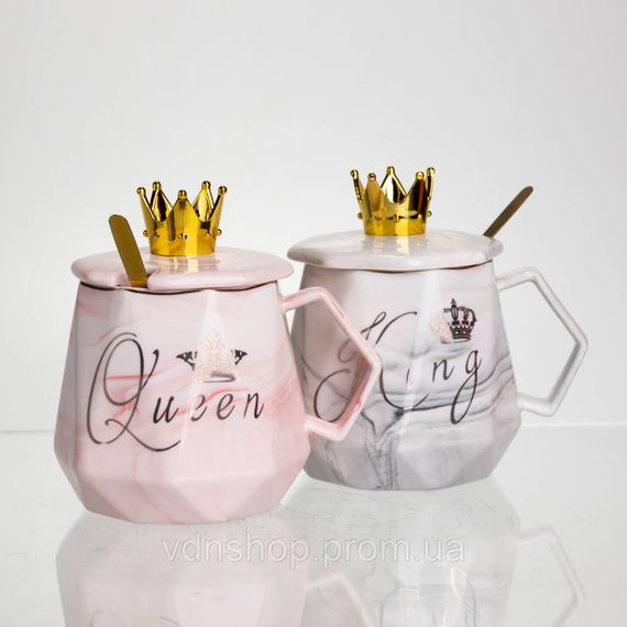 Набор парных фарфоровых чашек Queen&King 2 (шт) по 400 (мл) чашки на подарок с крышкой и ложкой FM-30 | Зображення 3