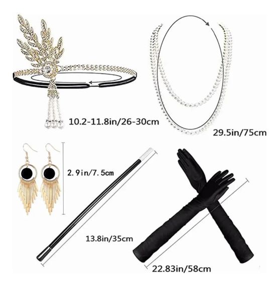 Набір аксесуарів у ретро стилі вечірки Гетсбі 20-х для жінок пов’язка, довгі перчатки, намисто, сережки, браслет, мундштук | Зображення 1