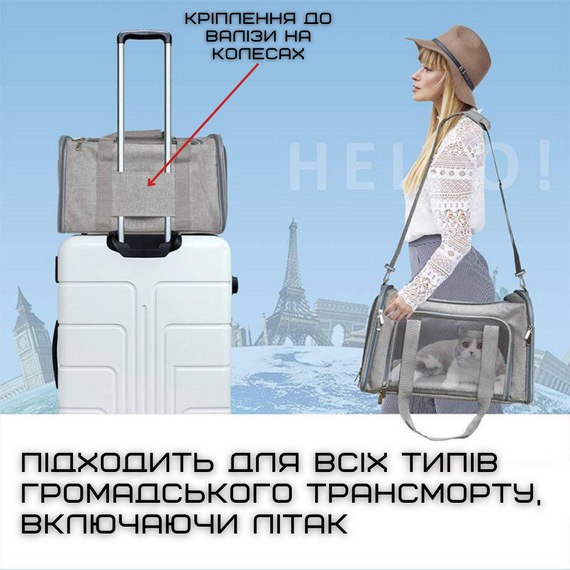 Сумка Переноска Для Кота Складная с Прозрачными Стенками и Креплениями Сумка Для Домашних Животных до 7 кг Серая | Зображення 2