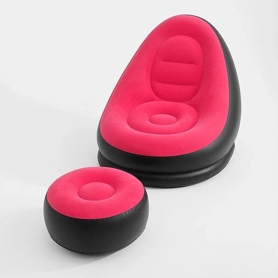 Надувной диван с пуфом Air Sofa / Надувное велюровое кресло с пуфиком+насос Розовый | Зображення 1