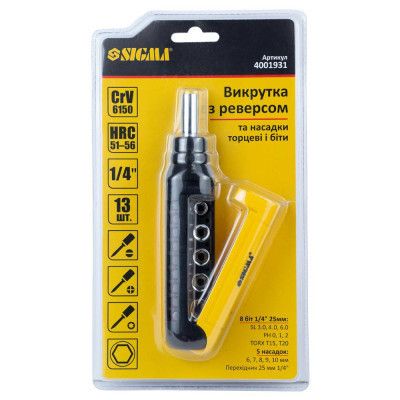 Отвертка Sigma с реверсом + насадки торцевые и биты 1/4" 13шт CrV (4001931) | Зображення 2