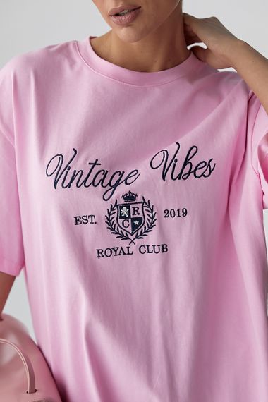 Оверсайз футболка з вишитими написами - рожевий цвет, ONE SIZE (є розміри) | Зображення 3