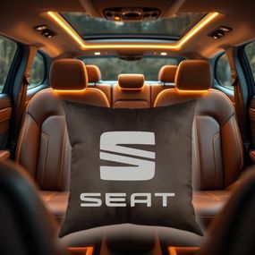 Авто Подушка c вышивкой логотипа марки сиат Seat коричневый автомобилисту 00168