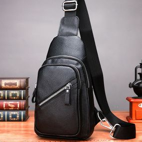 Мужской слинг сумка через плечо кожаная черная Tiding Bag 33737