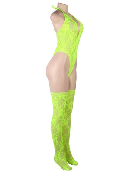 Комплект кружевной Star Night, боди с V-образным вырезом и чулки, салатовый sexstyle | Зображення 5
