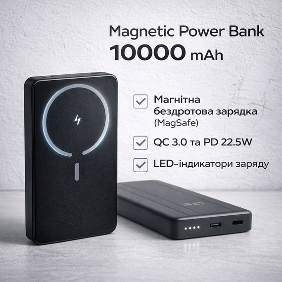 Power Bank King Power WPG-104 Magnetic 10000 mAh з бездротовим заряджанням MagSafe і швидким заряджанням QC 3.0/PD 22.5W | Зображення 1