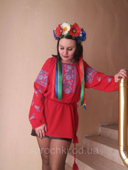Блузка женская , красная с вышивкой , цветы , "маки с виноградом" шифон