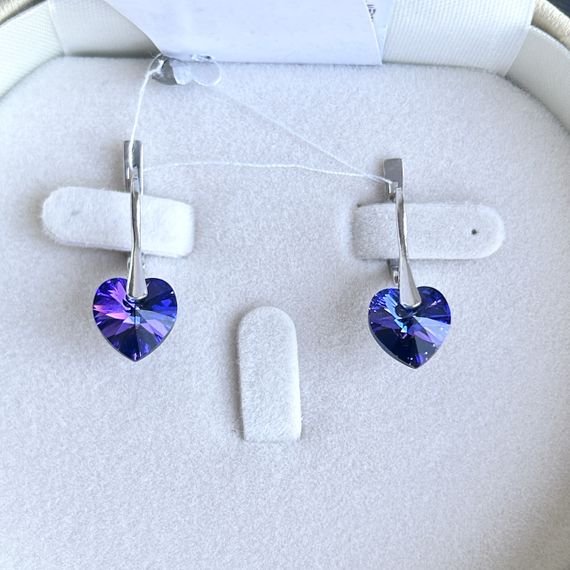 Срібні сережки Серце з кристалами Swarovski (Австрія) синій хамелеон, родовані | Зображення 9