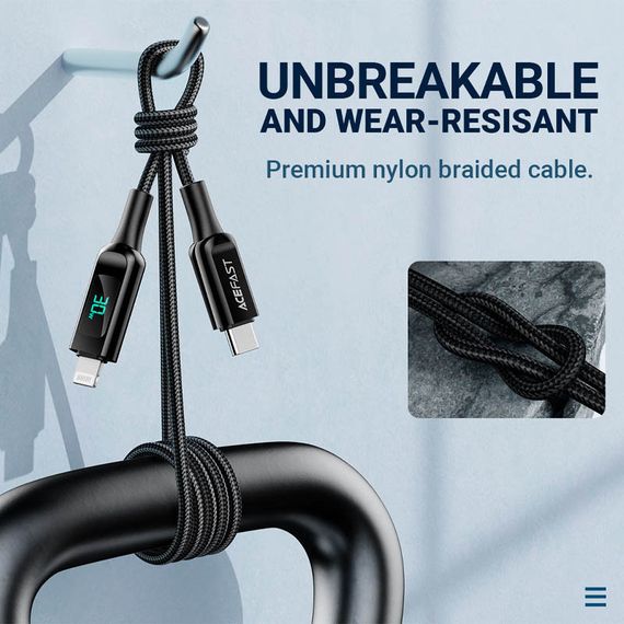 Дата кабель Acefast MFI C6-01 USB-C to Lightning zinc alloy digital display braided (1.2m) Black | Зображення 2