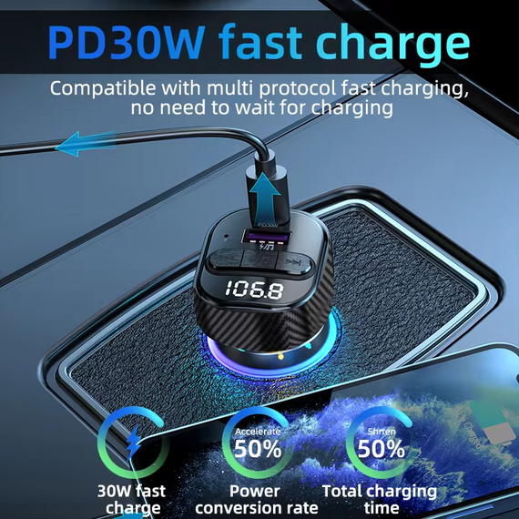 FM-трансмітер для автомобіля Bluetooth 5.3 зі швидким зарядним пристроєм PD30W Type-C і підтримкою бездротової музики | Зображення 2
