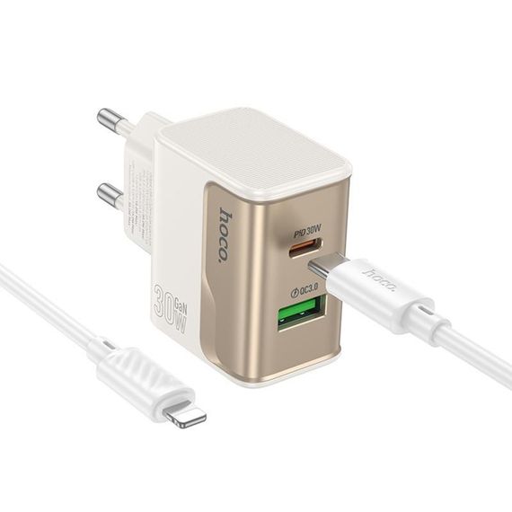 МЗП Hoco CS73A Star Speed PD30W+QC3.0 (1USB-A/1C) + кабель Type-C to Lightning White | Зображення 1