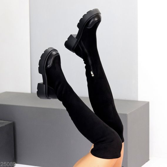 Ультра модні чорні ботфорти замшеві стрейч на тракторній підошві | Зображення 8