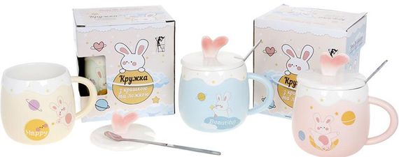 Кружка порцелянова "Funny Rabbits" 430мл з кришкою і ложкою, 4 дизайни | Зображення 1
