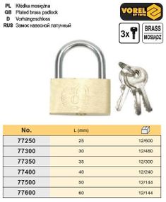 Замок навесной Польша дуговой латунь l=35 мм VOREL-77350