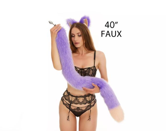 Анальний хутряний хвіст без пробки, Фіолетовий з персиковим кінчиком, OKOVA 100 см. Sex Aura