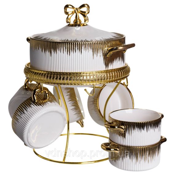 Суповий сервіз на 6 персон супниця 2 (л) на підставці з бульйонницями 400 (мл) тарілки для супу Білий із золотом FM-A23-2 | Зображення 1