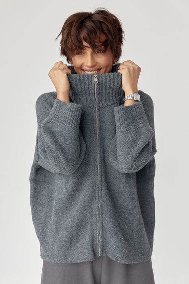 В'язаний кардиган на блискавці вільного фасону - сірий цвет, ONE SIZE (є розміри) | Зображення 1