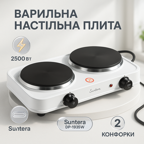 Переносна електрична плита Suntera DP-1935B, 2500W белая, Портативна плита електро CM-25
