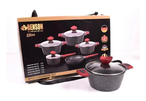 Набір каструль BN-338 9 предметів, ковшик 1,4 л; 2,4 л; 4л; 6,3 л; сковорода 24см | Зображення 1