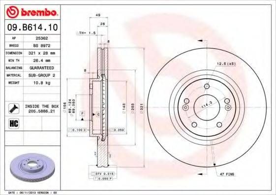 Диск гальмівний HYUNDAI SANTA FE 06 - передн. (вир-во BREMBO) BREMBO 09B61410 на KIA SORENTO II (XM)