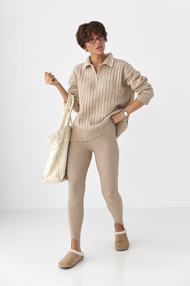 Трикотажні лосини в рубчик зі штрипками - бежевий цвет, ONE SIZE (є розміри) | Зображення 2