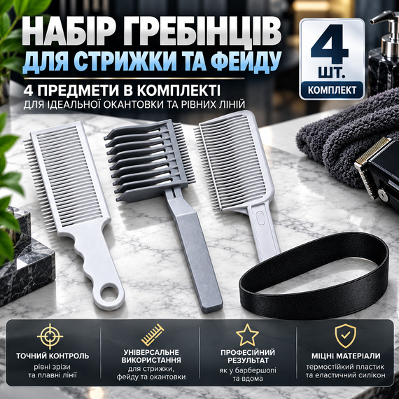 Набір для стрижки 4 в 1: силіконовий шаблон повязка для фейду та гребінці для плавних переходів під машинку