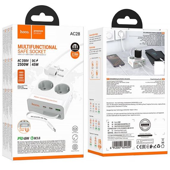 Удлинитель Hoco AC28 Descanso (PD45W/1C/3A/2xSocket) (2m) White | Зображення 5