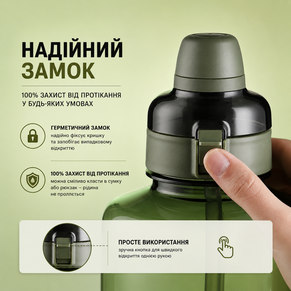 Спортивная бутылка для воды 2500 мл из тритана с соломинкой, Зеленая - Ударопрочная и без BPA | Зображення 3