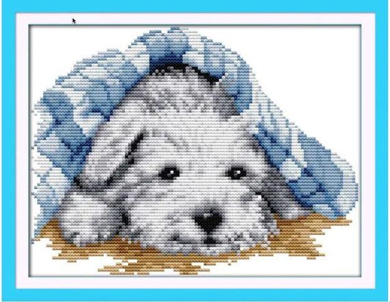 Набор для вышивания по нанесённой на канву схеме "Small lovely dog". AIDA 14CT printed, 27*20 см