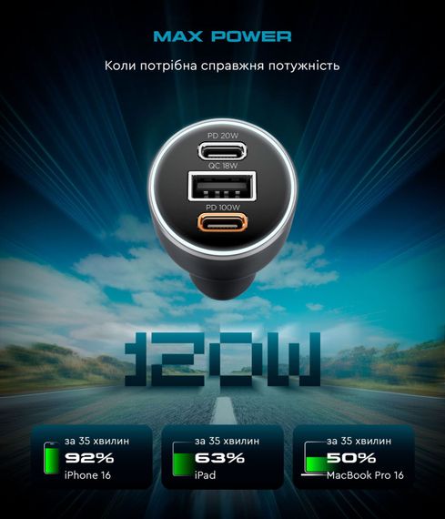 Автомобільний зарядний пристрій ArmorStandart Resolute Power ASPP-21 120W 2xUSB-C, USB (ARM70026) | Зображення 1