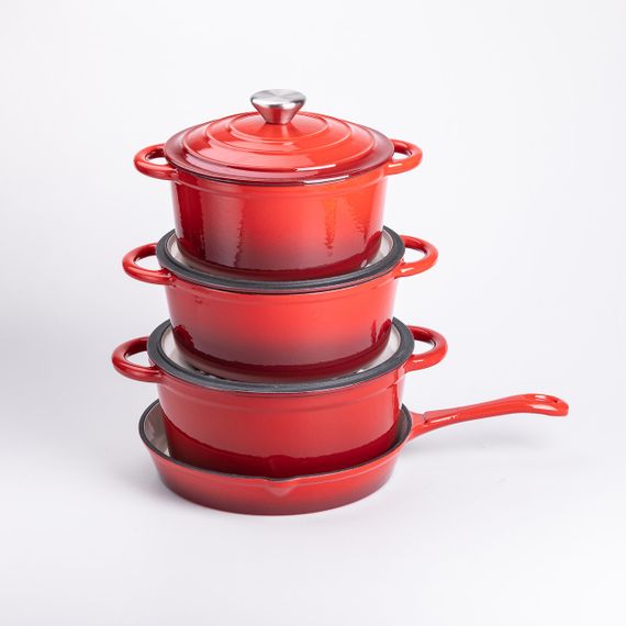 Набор чугунной посуды для приготовления 3 кастрюли и сковорода с эмалированным покрытием Красный | Зображення 3