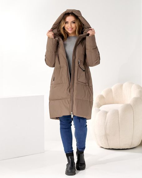 Стильний оливковий пуховик на зиму з кишенею для мобільного в великих розмірах | Зображення 5