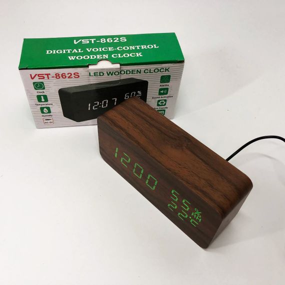 Електронні настільні годинники VST-862S-4 коричневі з зеленим підсвічуванням, з датчиками температури та вологості | Зображення 4