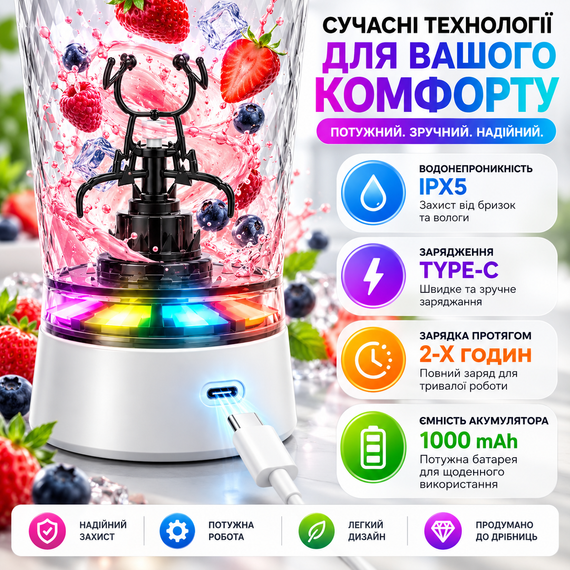 Електричний шейкер 650 мл білий акумуляторний для протеїну з LED-підсвічуванням, USB Type-C і контейнером для порошку | Зображення 2