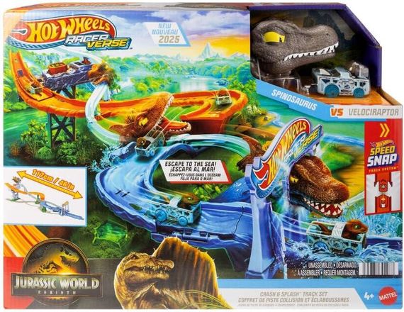 Трек Столкновение и Всплеск с Велоцираптором и Спинозавром Hot Wheels RacerVerse Jurassic World Crash & Splash