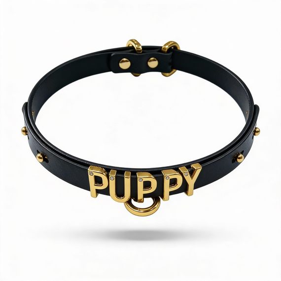 Чокер з написом PUPPY від UPKO з італійської шкіри, чорний із золотою фурнітурою sexstyle | Зображення 2