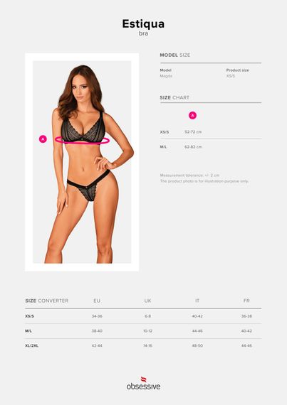 Кружевной бюстгальтер с треугольной чашкой Obsessive Estiqua bra M/L, черный, широкие лямки | Зображення 4