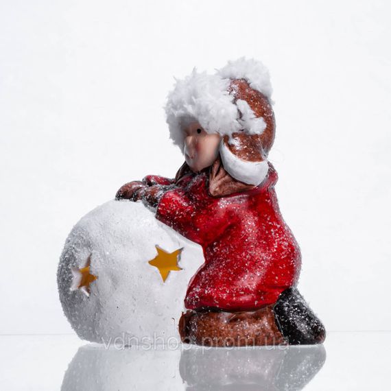 Новорічна фігурка з підсвіткою Дівчинка зі сніговою кулею з фарфори 12×7×12 (см) новорічний декор для дому на подарунок Червоний | Зображення 2