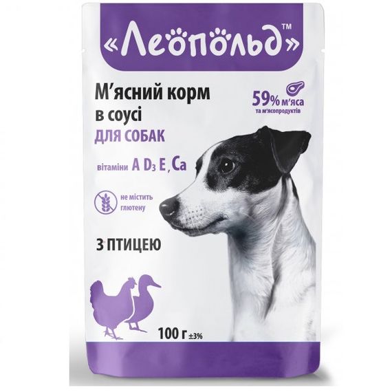 Леопольд Мясной корм в соусе с птицей для собак, пауч 100 г (24шт/уп)