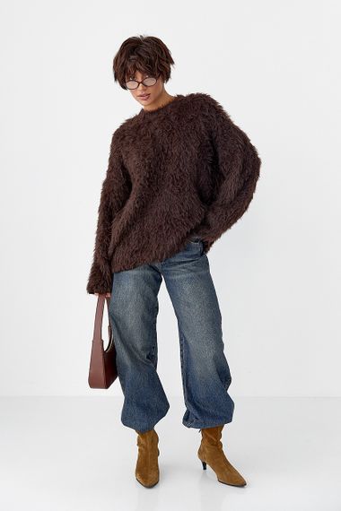 Тепла вільна кофта зі штучного хутра - темно-коричневий цвет, ONE SIZE (є розміри) | Зображення 2