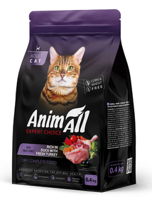 AnimAll Повнораціонний сухий корм для дорослих котів зі свіжою індичкою та качкою, 0.4 кг
