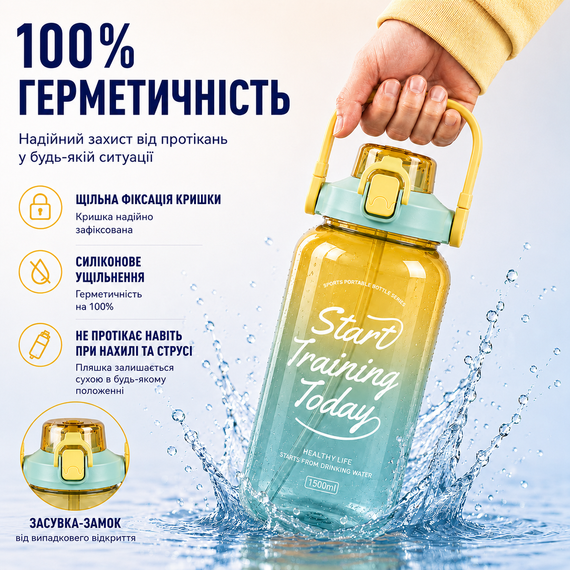 Спортивная бутылка для воды 1500 мл (1.5 л) с трубочкой и ремешком, Градиент Желтый | Зображення 4