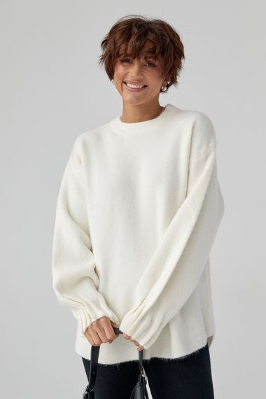 В'язаний вільний джемпер з оригінальними манжетами на рукавах - молочний цвет, ONE SIZE (є розміри) | Зображення 4
