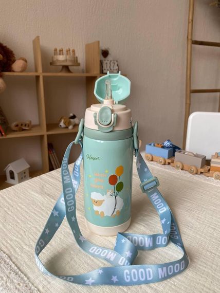 Термос дитячий для напоїв з трубочкою 450мл Зелений з малюнком | Зображення 2