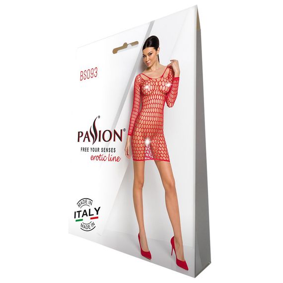 Бодістокінг-сукня з глибоким коміром Passion BS093 red, довгі рукави | Зображення 3