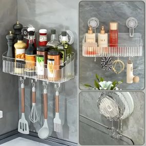 Полка в ванную на присосках с крючками, 30х22х10,8 см / Настенная полочка органайзер для ванной