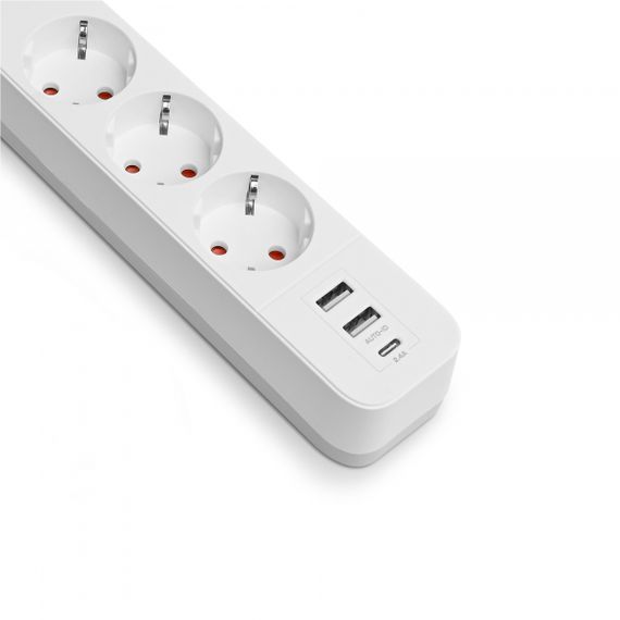 Мережевий подовжувач VIDEX ONCORD з/з 3п 3м (3x1.5мм) 2.4А 2USB+USB-C з кнопкою White | Зображення 3