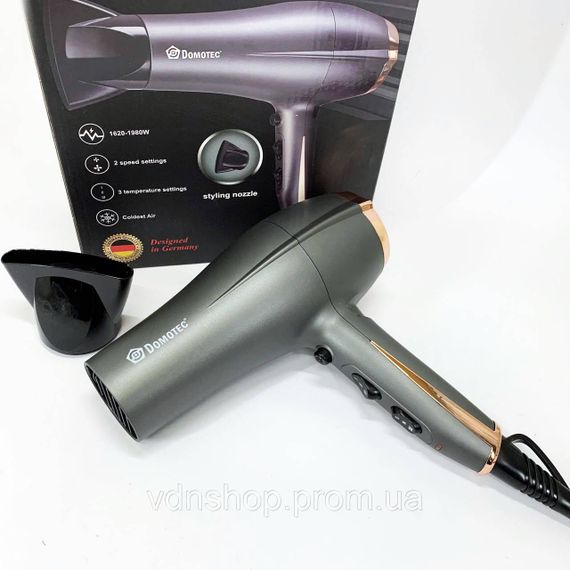 Електрофен для волосся з додатковими насадками Domotec, Фен з регулюванням температури і потоку повітря UM-47